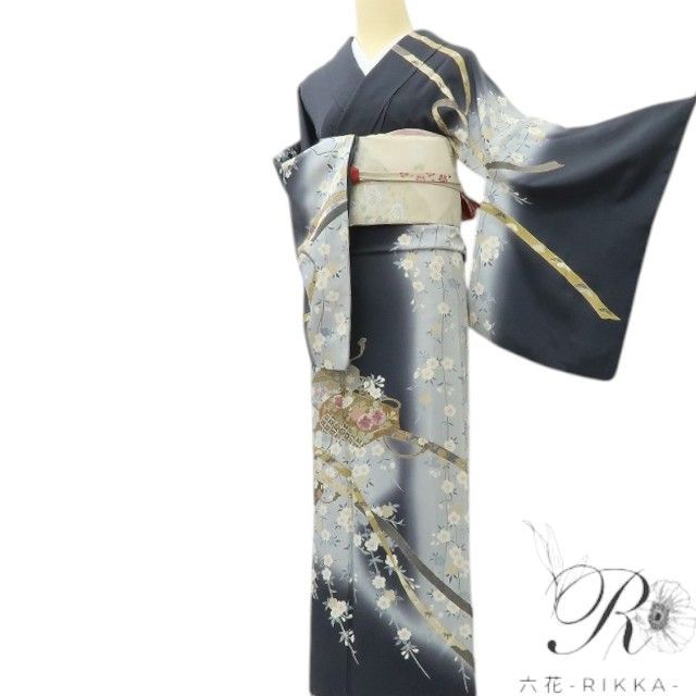  六花-RIKKA- 正絹 帝王紫 刺繍 桜 訪問着 手縫い仕立て 着物 A 4156 訪問着 付け下げ 着物