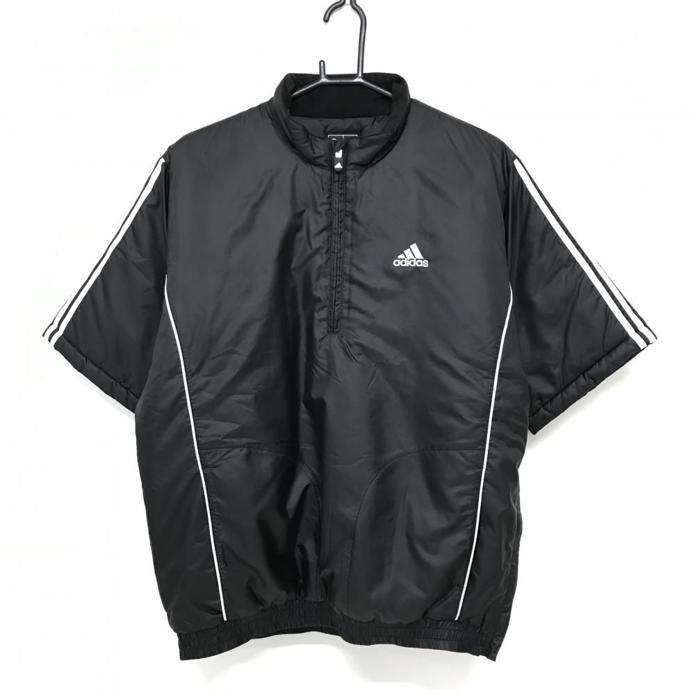美品】アディダス 半袖中綿ブルゾン 黒×白 ハーフジップ 3ライン ロゴ