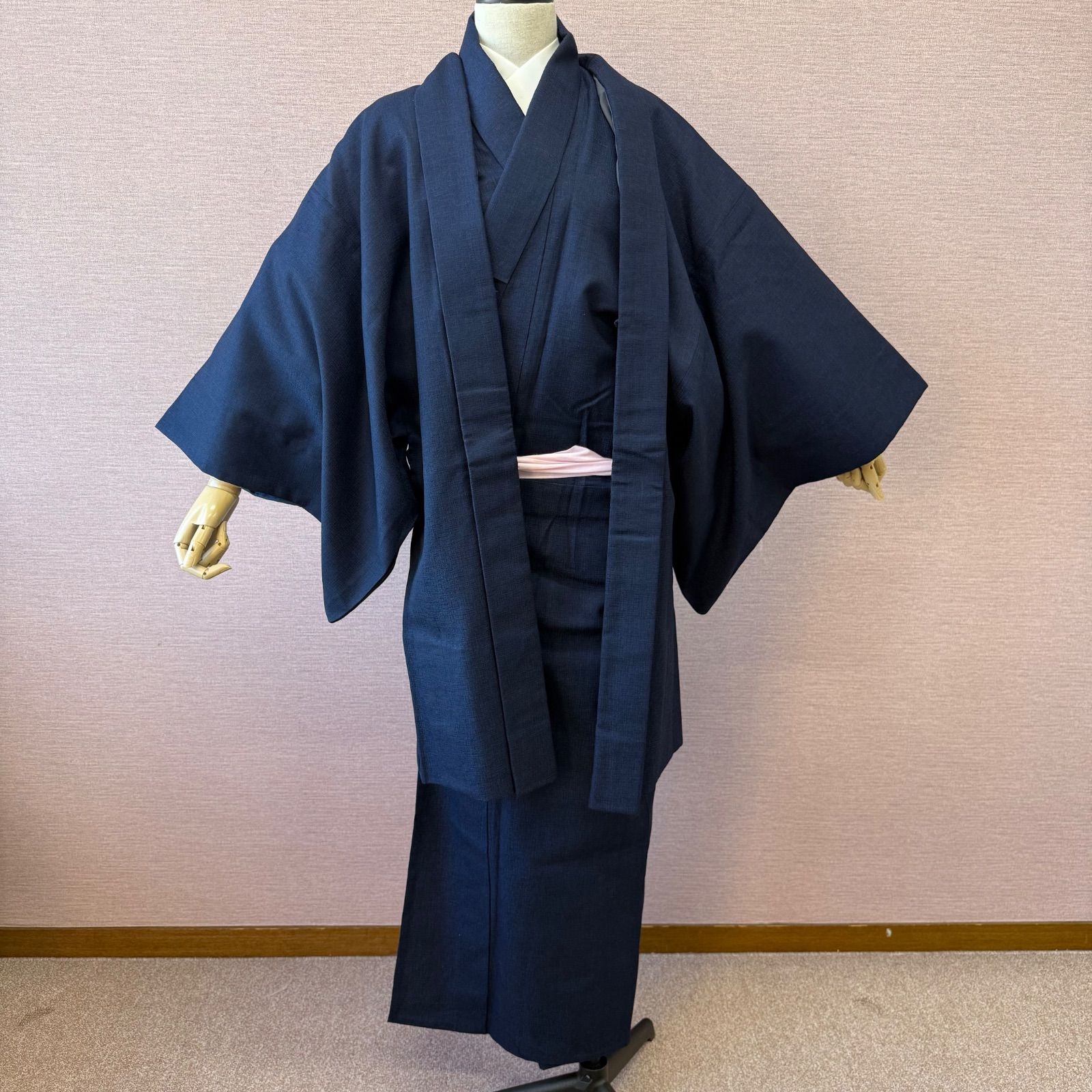 男物ウール ウール着物 アンサンブル 男物アンサンブル 着物 紺色 リサイクル着物 ow 845