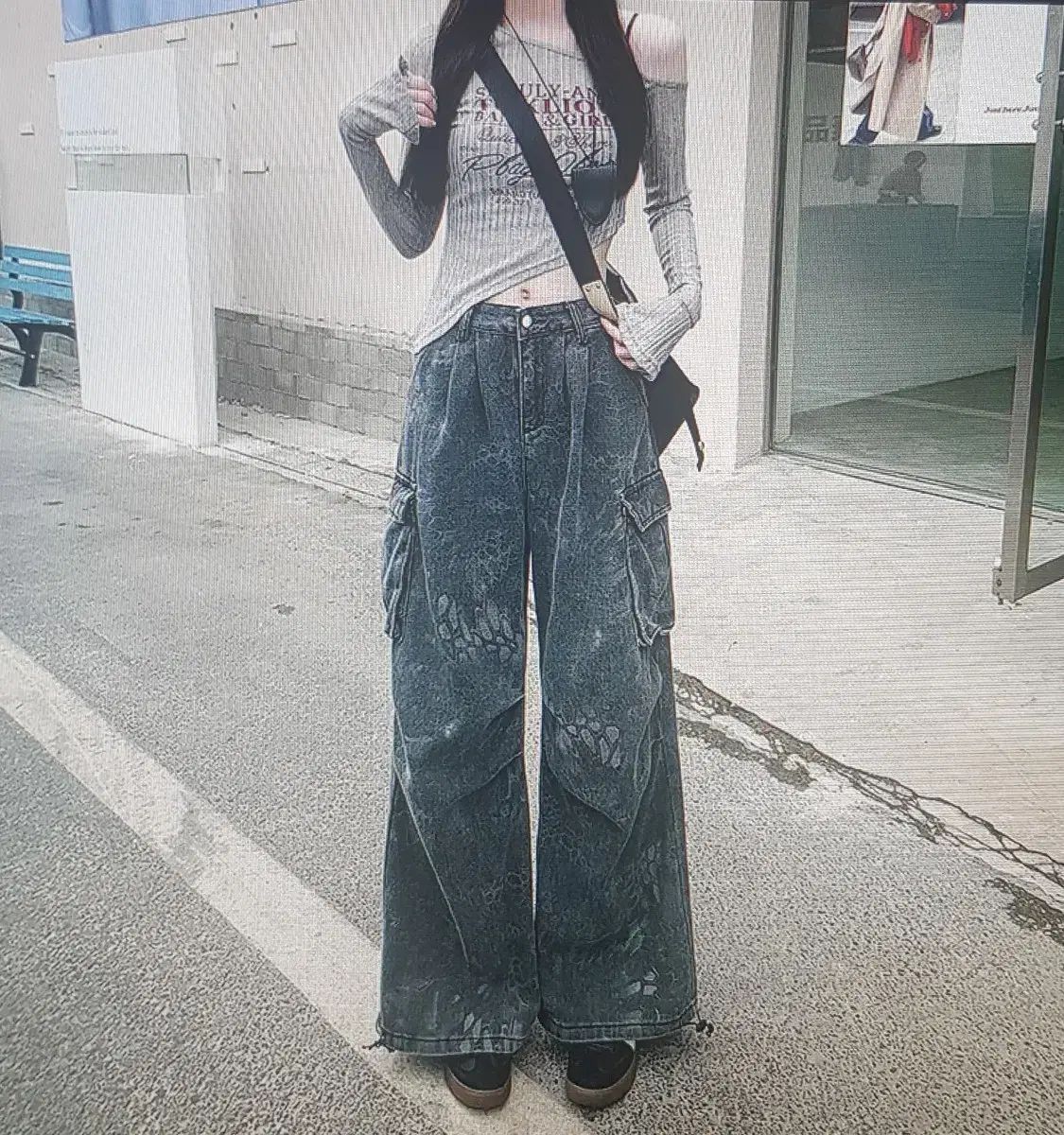 (海外配送)ウォッシュ デニム カーゴ ワイド パンツ