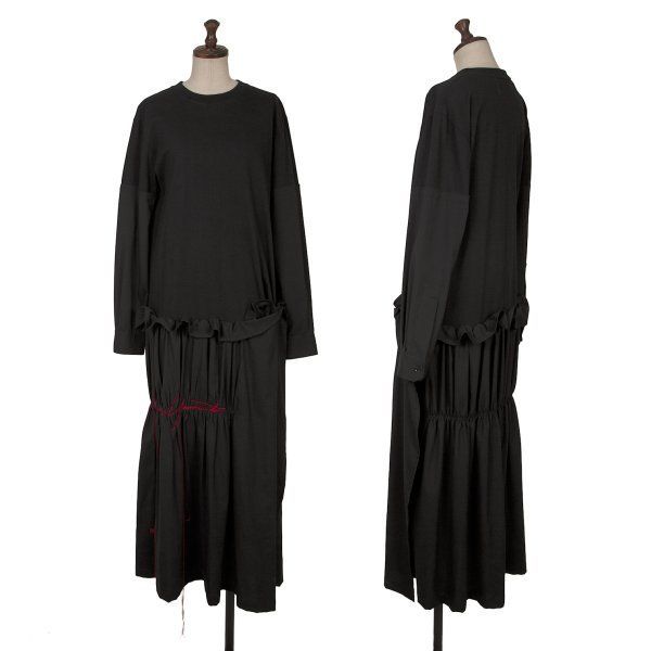 ヨウジヤマモト ファムYohji Yamamoto FEMME ヘムロゴエンブロイダリーギャザーワンピース 黒2