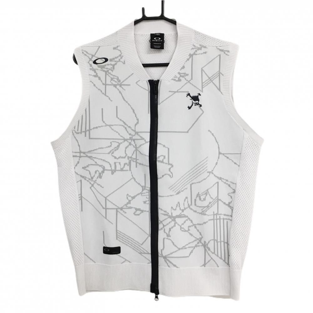 【美品】オークリー ニットジップベスト 白×グレー 前総柄 ロゴ刺しゅう ダブルジップ メンズ XL ゴルフウェア Oakley