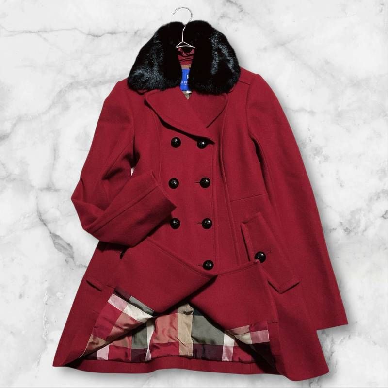 BLUE LABEL ブルーレーベルクレストブリッジ ピーコート ラビットファー CBチェック 2 way 赤 サイズ38