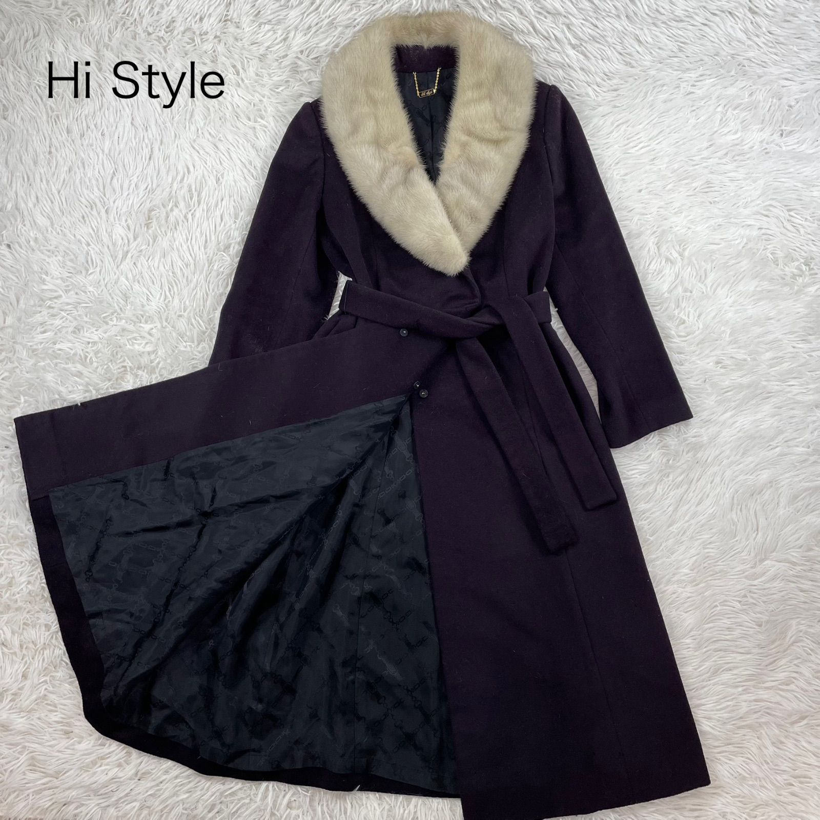 最高級 Hi Style カシミヤ80% 女優襟 S相当 ウールロングコート ベルト