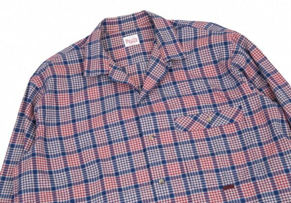 割引 パパスPapas コットンオープンカラーチェックシャツ 青赤M Papas