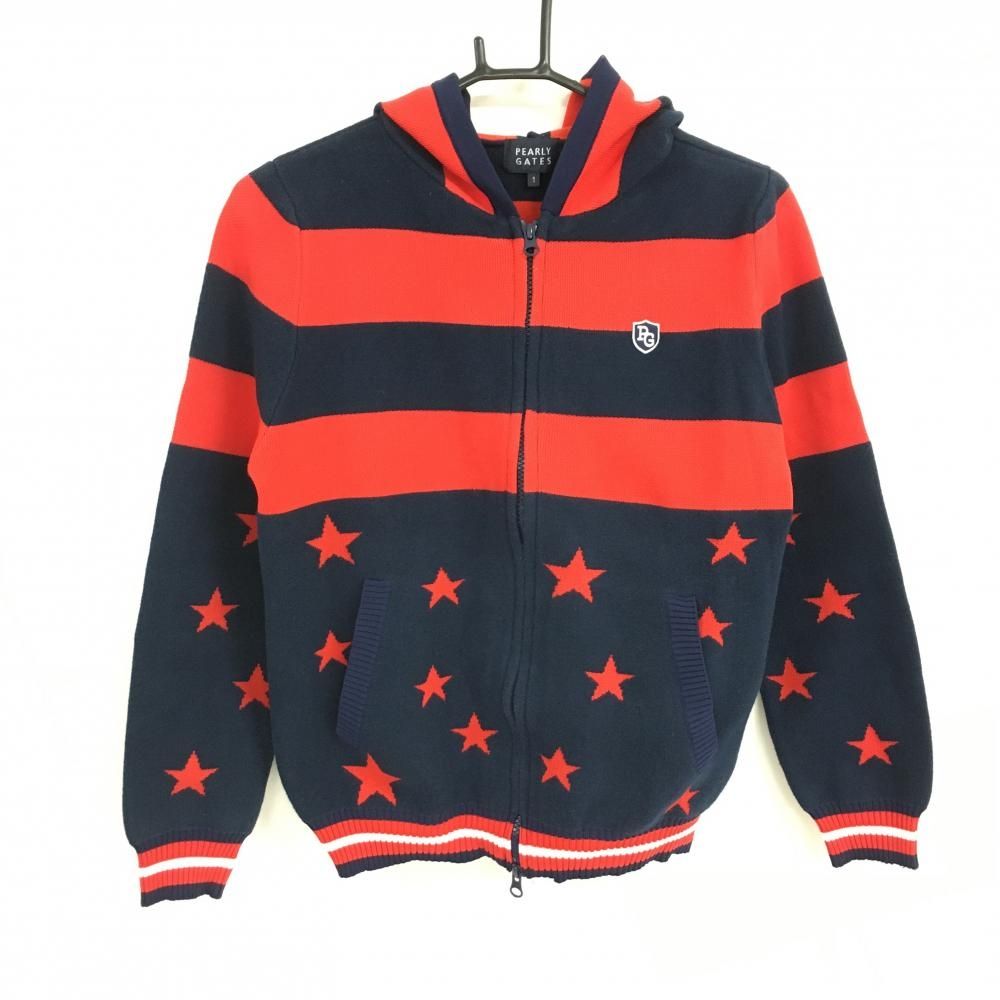 美品】パーリーゲイツ ニットジップパーカー ネイビー×レッド ボーダー