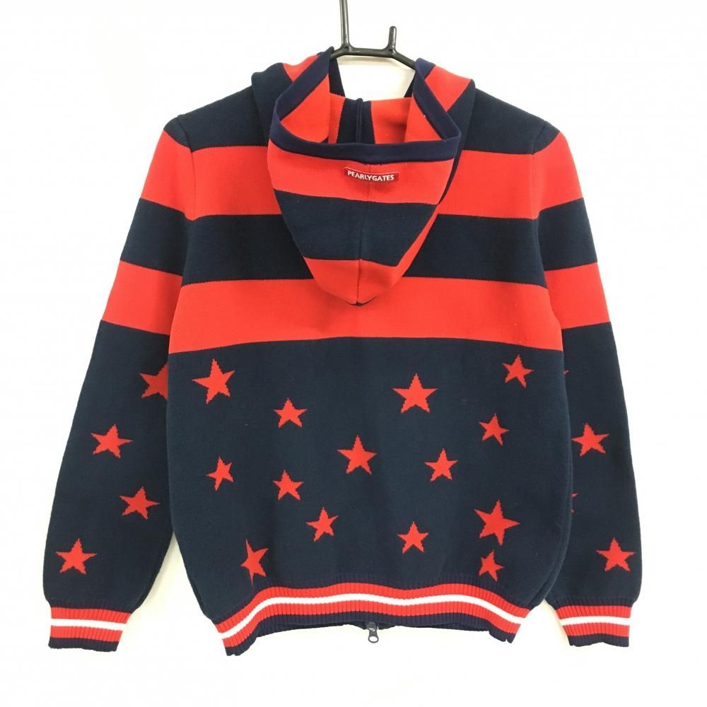 美品】パーリーゲイツ ニットジップパーカー ネイビー×レッド ボーダー