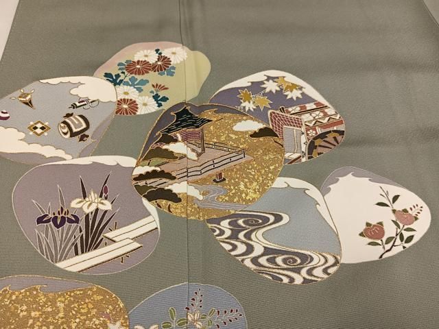 平和屋着物●豪華色留袖　駒刺繍　貝合わせ風景花文宝尽くし　金彩　正絹　逸品　AABE3991ph 平和屋着物○豪華色留袖 駒刺繍 貝合わせ風景花文宝尽くし 金彩 正絹