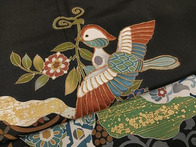  平和屋着物 豪華黒留袖 作家物 駒刺繍 花鳥葡萄更紗唐草文 正絹 ph 黒留袖 着物