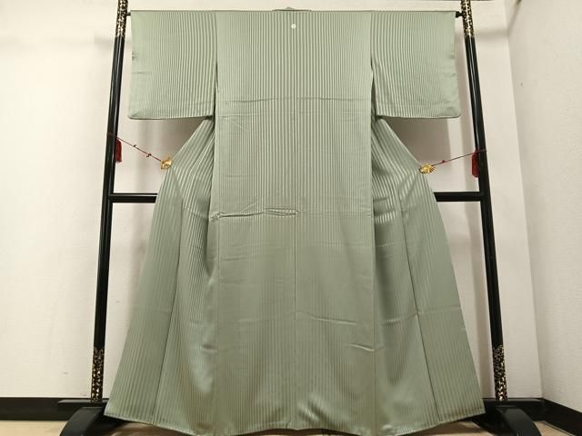 平和屋着物●上質な色無地 縞地紋 山葵色 正絹 ph