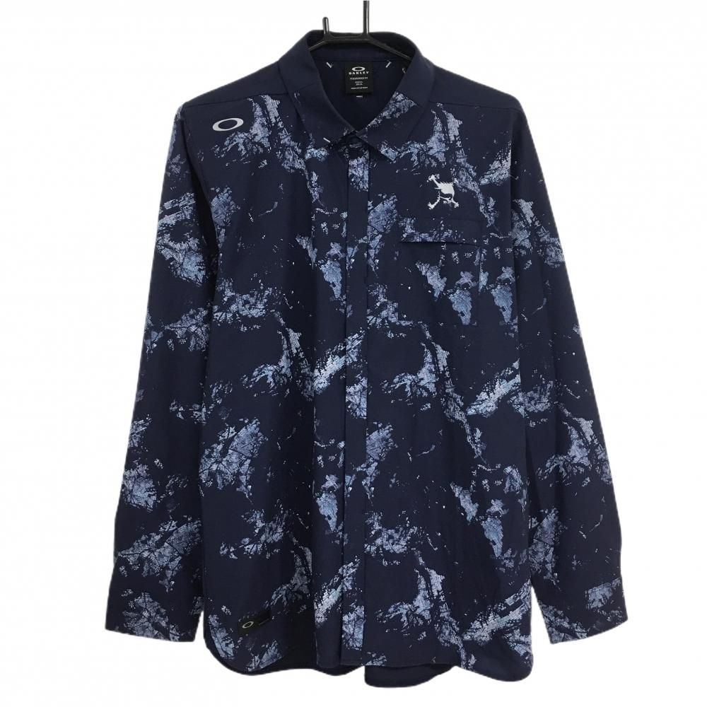 オークリー 長袖シャツ ネイビー×白 前総柄 スナップボタン メンズ XL ゴルフウェア Oakley