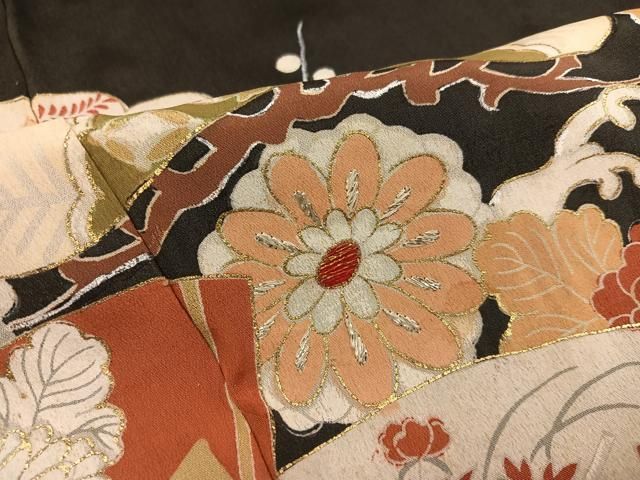  平和屋着物 アンティーク 大正ロマン 黒留袖 駒刺繍 扇面花文 金彩 正絹 ph その他 着物 浴衣