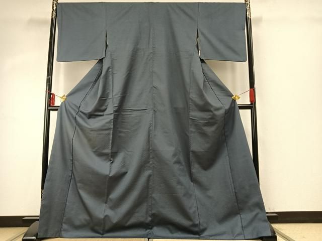 平和屋着物 お召 市松地紋 藍鼠色 ロング丈 正絹 fy