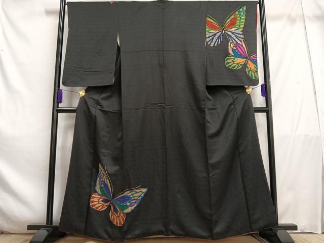 平和屋着物○染色作家 斉藤三才 訪問着 舞蝶文 黒地 金彩 正絹 逸品
