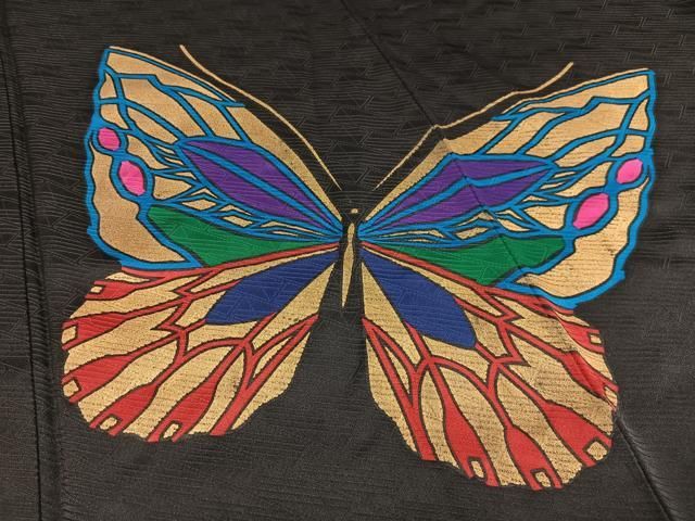 平和屋着物○染色作家 斉藤三才 訪問着 舞蝶文 黒地 金彩 正絹 逸品