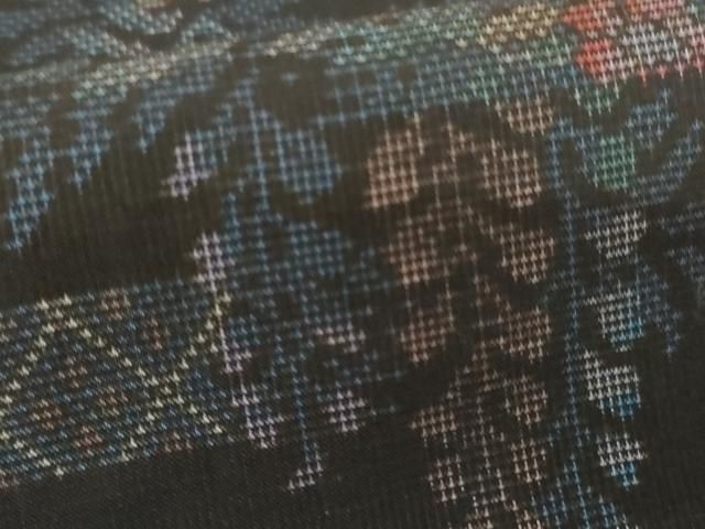  平和屋着物 本場大島紬 カタス7マルキ エ霞草花文 黒地 ロング丈 正絹 cs 紬 着物