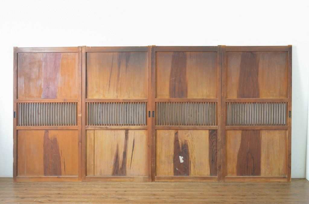 現状販売 格子帯戸 セット アンティーク建具 裏ガラス付き ガラス戸 引き戸 ガラス帯戸 板戸 4～7営業日前後で発送 修理加工希望の方3ヶ月程で発送 R-065062