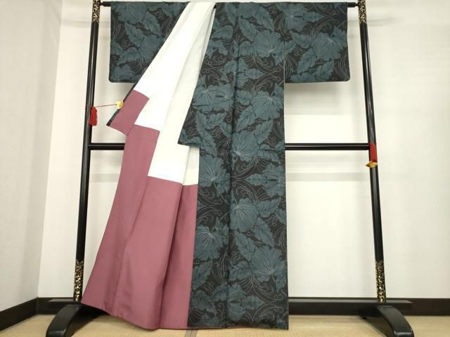 平和屋着物●本場大島紬 葉尽くし 一元絣 黒地 正絹 ck