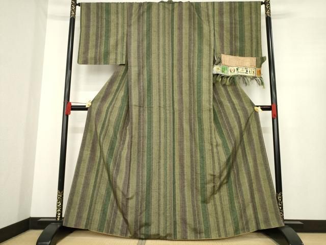 平和屋着物●本場真綿絢結城紬 縞 草木染 正絹 ck