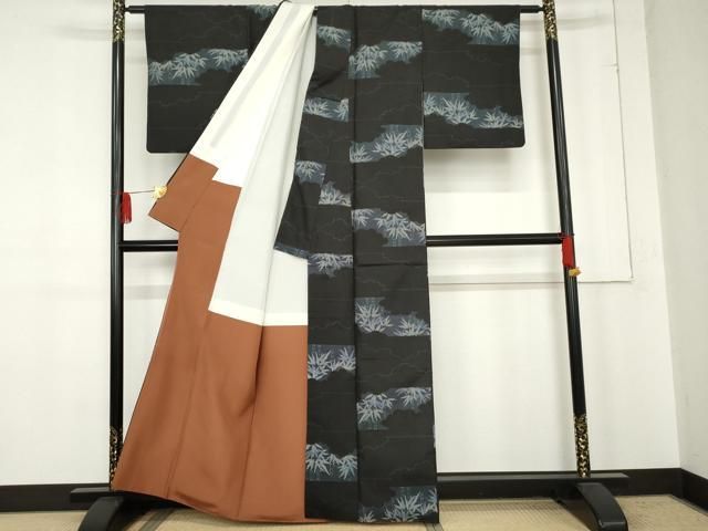  平和屋着物 上質な紬 笹竹文 黒地 正絹 cs 紬 着物