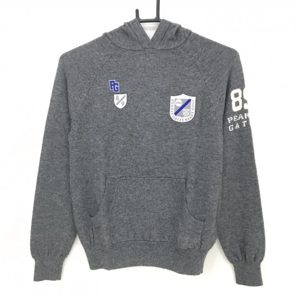 超 パーリーゲイツ フード付セーター グレー 複数ワッペン カシミヤ混 ニット レディース 0 S ゴルフウェア PEARLY GATES