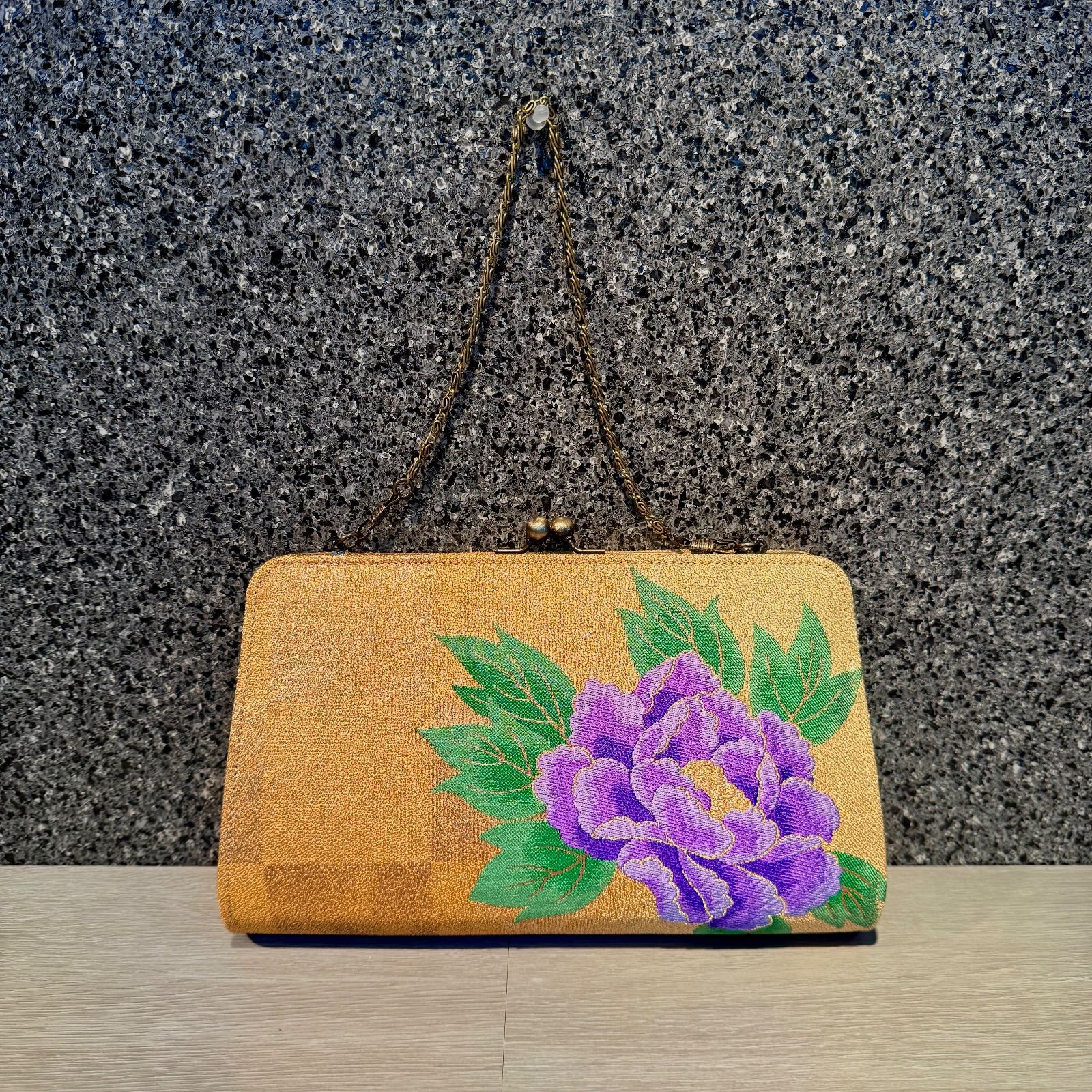 京都帯屋さん 正絹 皮 2 way がま口 フォーマルバック大 ハンドバック クラッチバッグ 普段着着物 成人式 結婚式 パーティー KENZO帯地市松牡丹 ゴールド