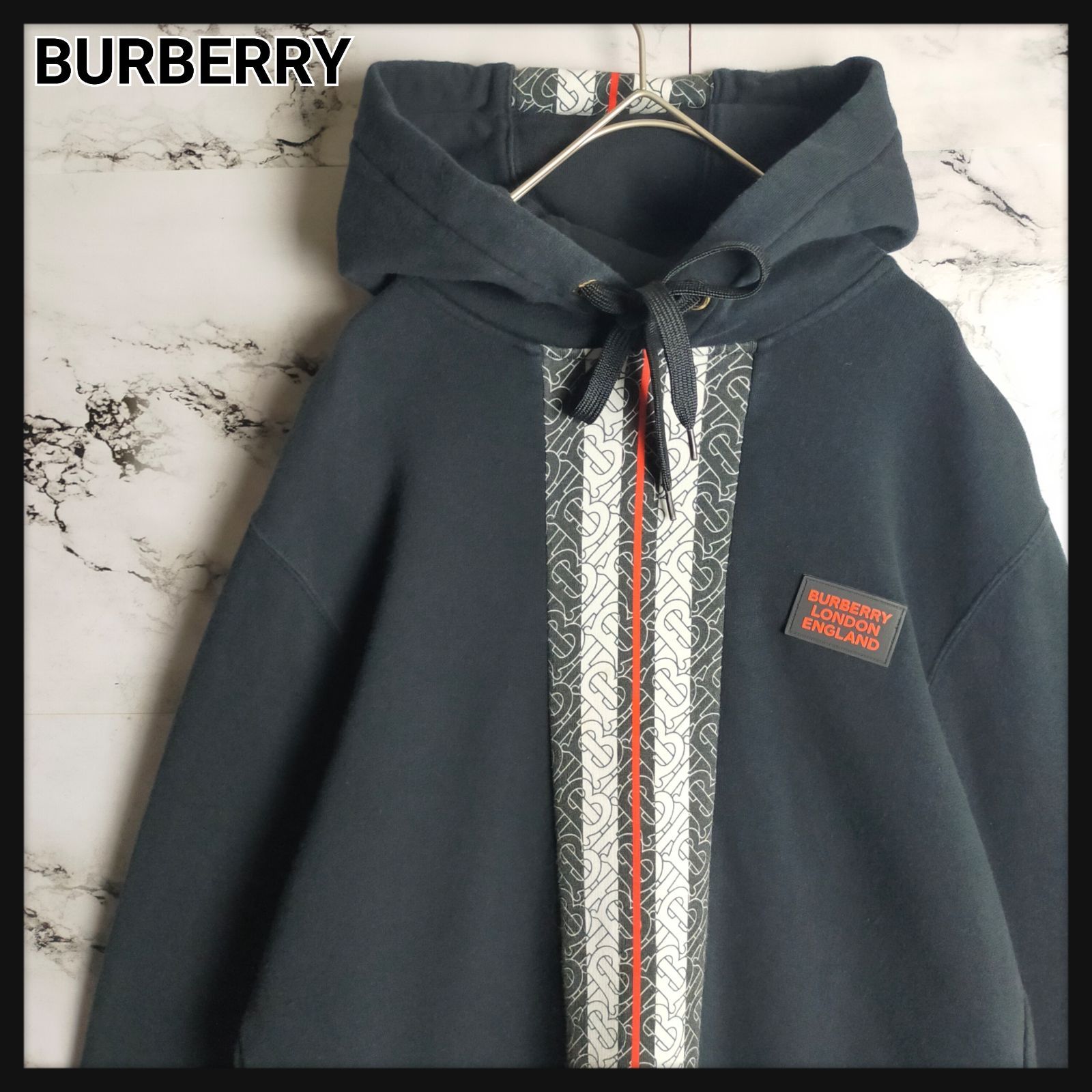 名作】BURBERRY パーカー XS(M相当) TBロゴ アイコンストライプ 黒 