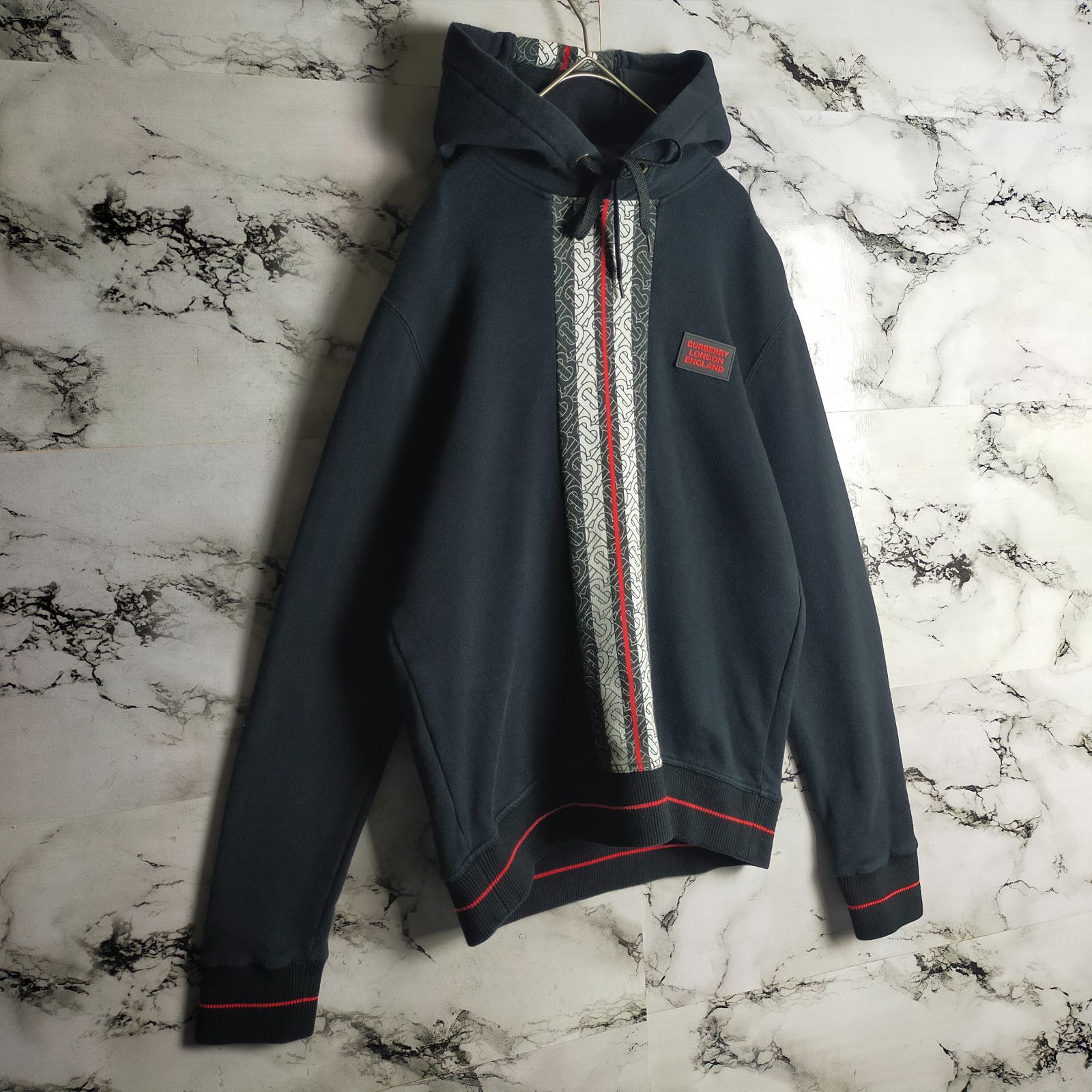 名作】BURBERRY パーカー XS(M相当) TBロゴ アイコンストライプ 黒 