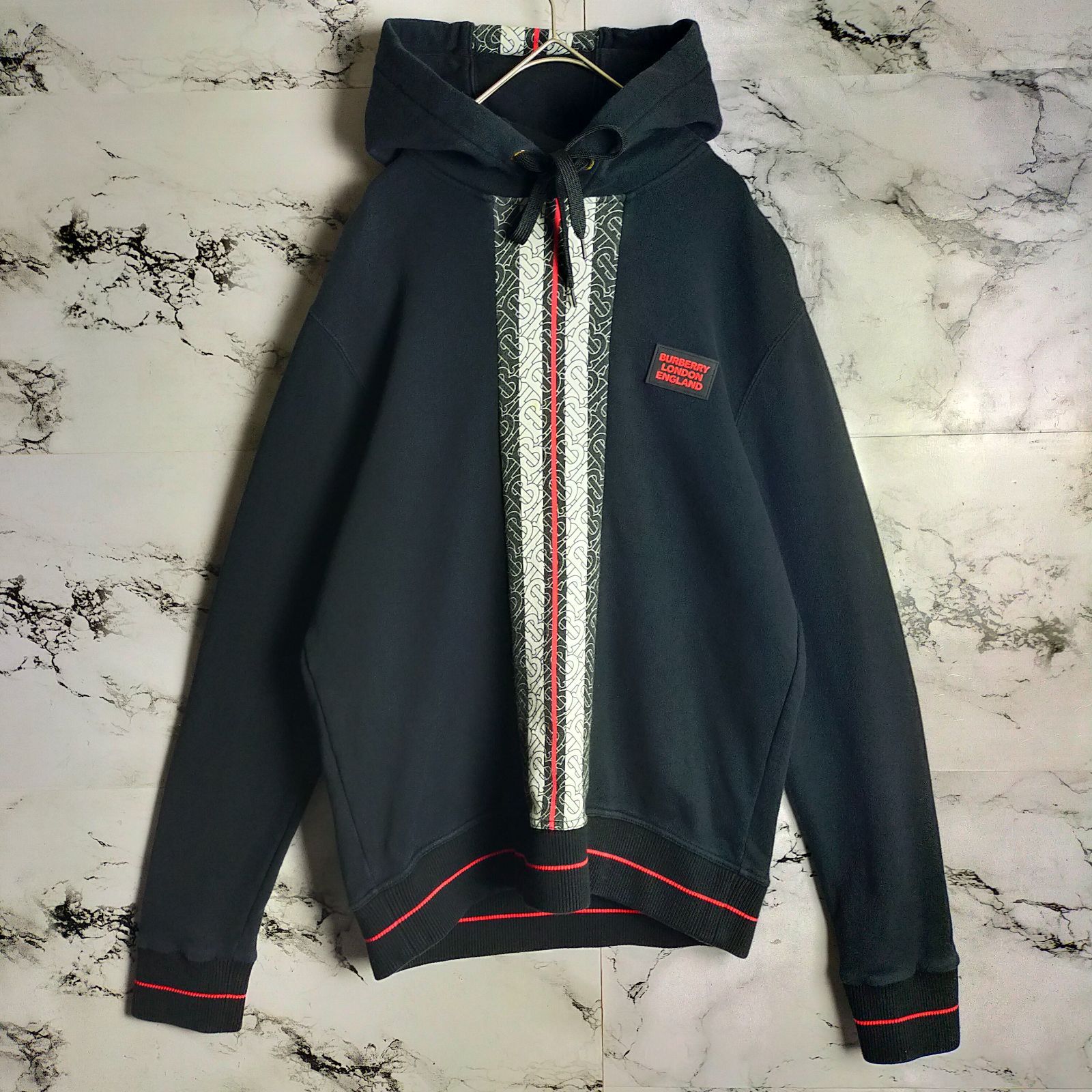 名作】BURBERRY パーカー XS(M相当) TBロゴ アイコンストライプ 黒