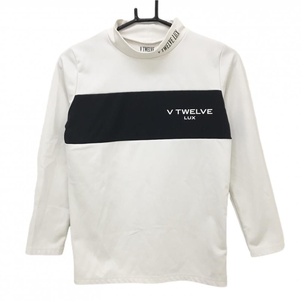 美品】V12 LUX 長袖ハイネックシャツ 白系×黒 裏微起毛 ロゴプリント
