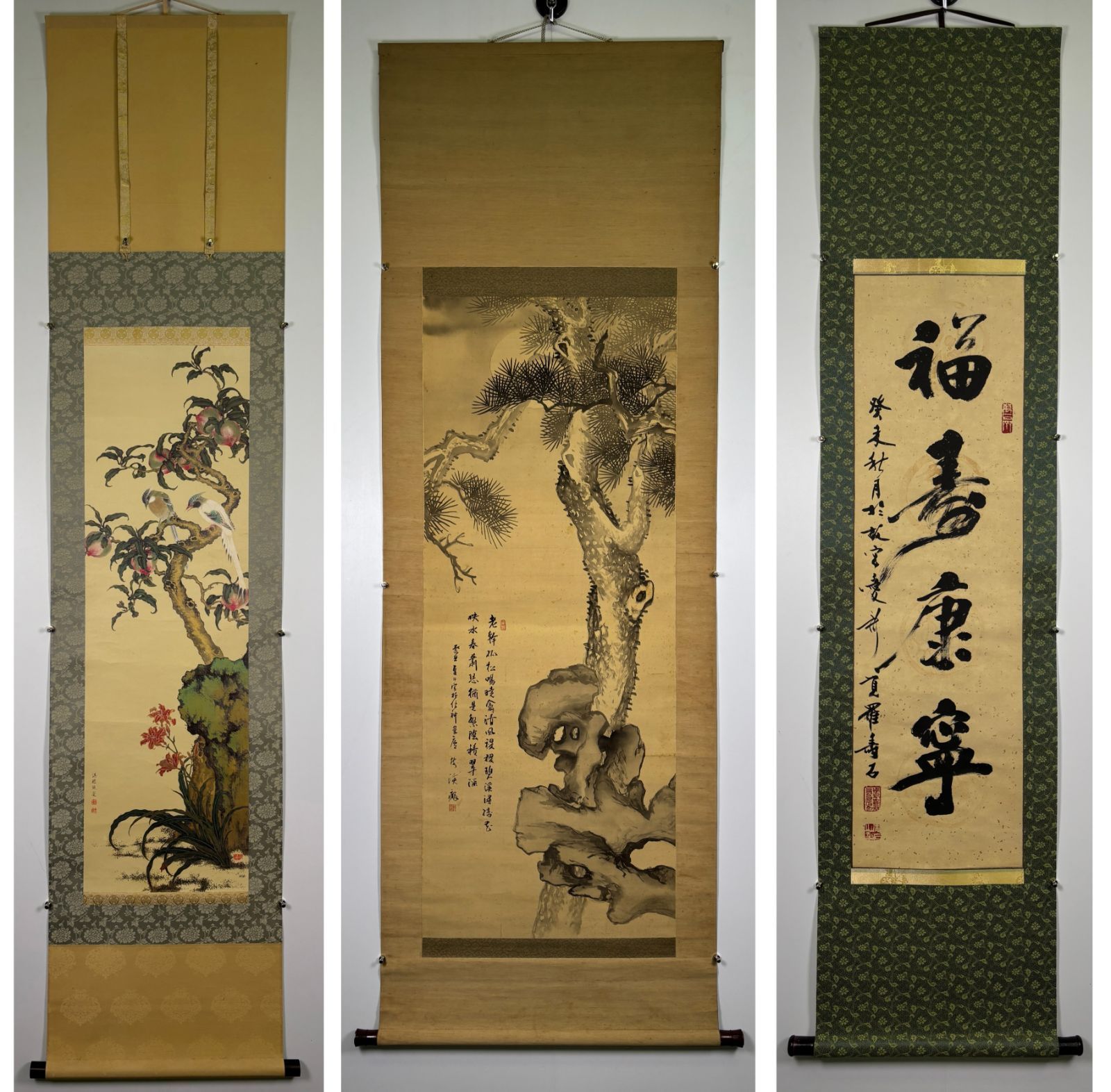 中国美術3点組】吉祥画＆清皇室系書家 豪華掛軸セット（沈海/熊曼/愛新