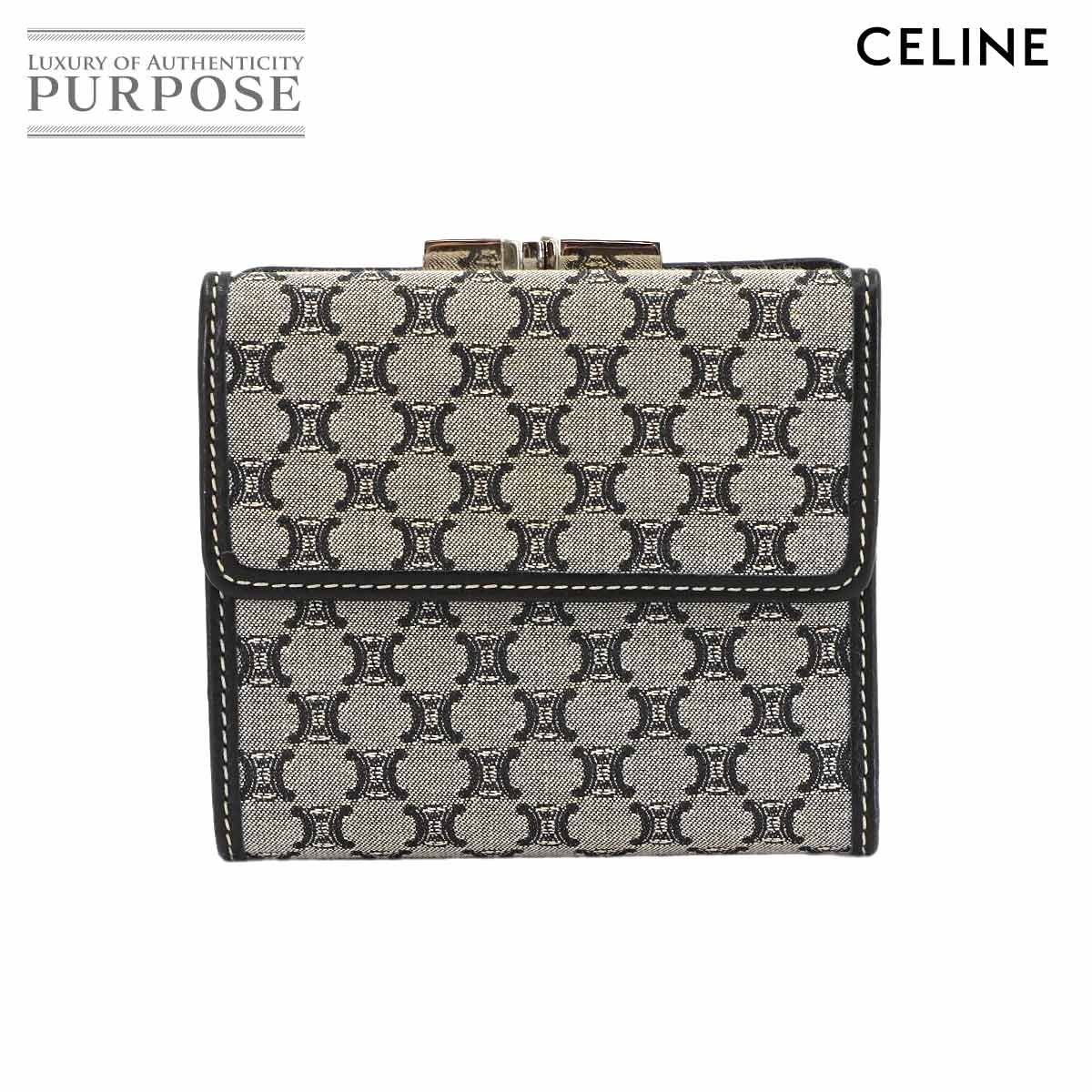 セリーヌ CELINE マカダム 三つ折り 財布 がま口 キャンバス レザー