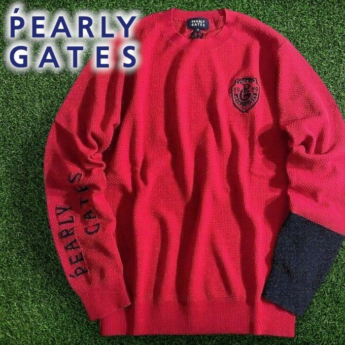 PEARLY GATES パーリーゲイツ ゴルフ 吸水速乾 ドライタッチ バイ 2段ロゴ 薄手 クルーネック 丸首 長袖 ニット プルオーバー セーター ゴルフウェア 2170309 定価3.3万 レッド ダークネイビー 036 50213 w 07