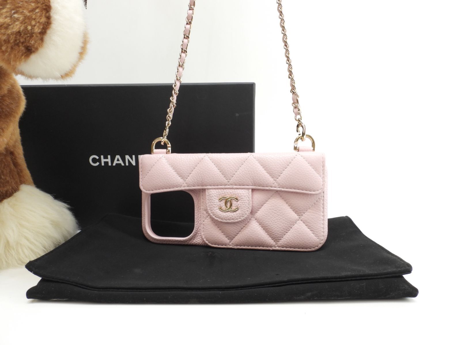 シャネル iphone 14 proケース キャビア ピンク ストラップ付カバー