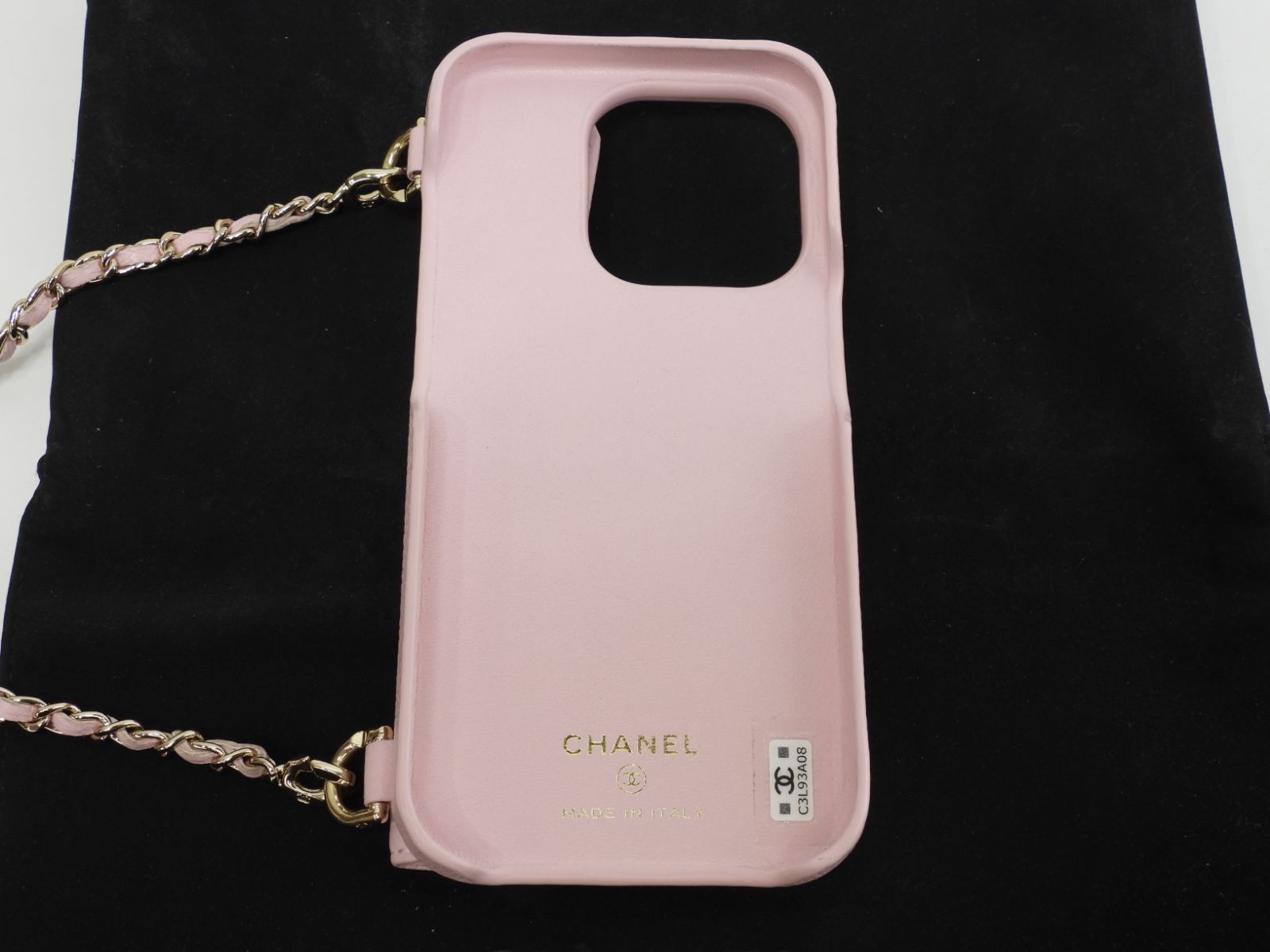 シャネル iphone14proケース キャビア/ピンク ストラップ付カバー 美品