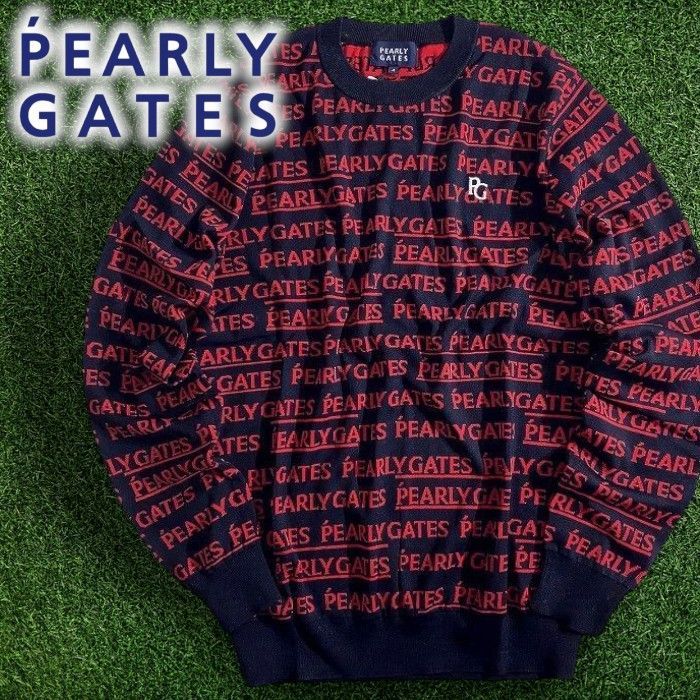 PEARLY GATES パーリーゲイツ ゴルフ 軽量 メゾンロゴ柄 薄手 クルーネック 丸首 長袖 ニット プルオーバー セーター ゴルフウェア 053-2170305 定価3.5万 ダークネイビー レッド ▲039 50213 w 05