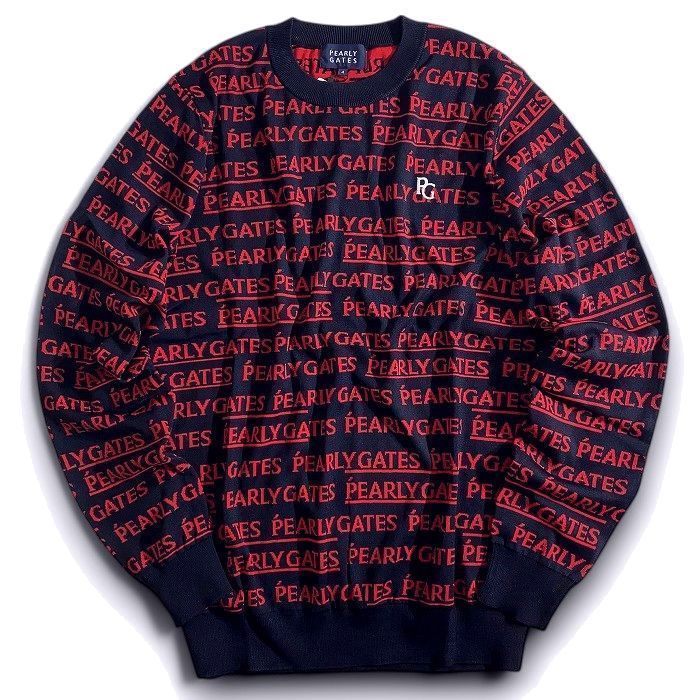 PEARLY GATES パーリーゲイツ ゴルフ 軽量 メゾンロゴ柄 薄手 クルーネック 丸首 長袖 ニット プルオーバー セーター ゴルフウェア 053-2170305 定価3.5万 ダークネイビー レッド 039 50213 w 05