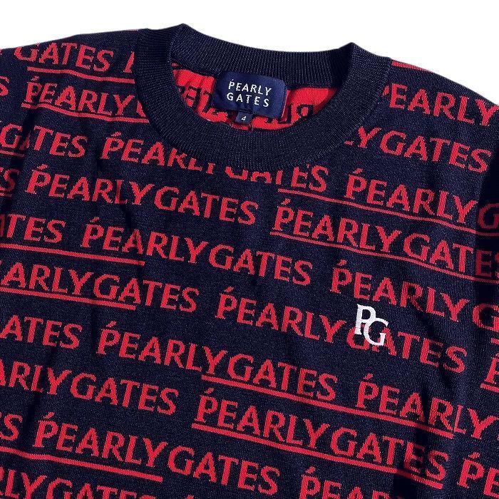 PEARLY GATES パーリーゲイツ ゴルフ 軽量 メゾンロゴ柄 薄手 クルーネック 丸首 長袖 ニット プルオーバー セーター ゴルフウェア 053-2170305 定価3.5万 ダークネイビー レッド ▲039 50213 w 05 大学ゴルフ用品 セーター トレーナー 
