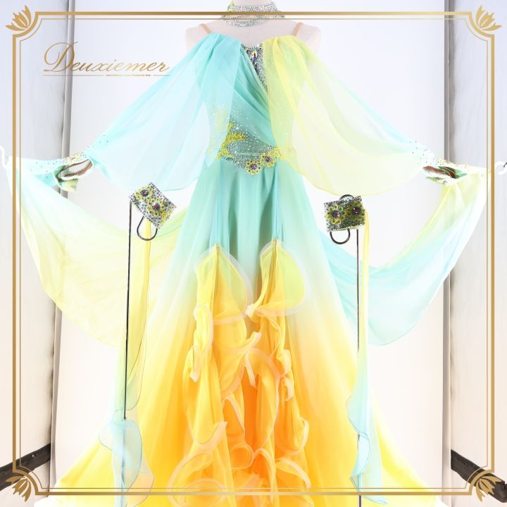 社交ダンス 衣装 白樺ドレス スタンダード ドレス ワンピース 黄色 水色 パステル デモ 競技 明るい イエロー系 ブルー系 パーティ 発表会 フロート レース パーティードレス イベント用 ドレスアップ おしゃれ 女性用 ふんわり エレガント