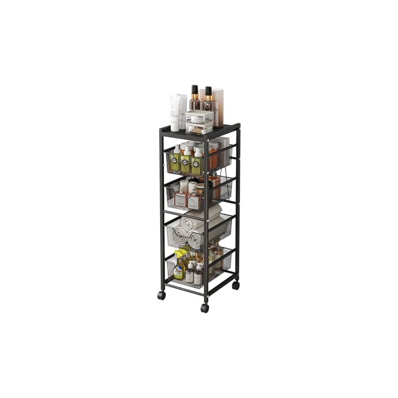 Sunhot キッチンワゴン 25 cm スリム キャスター付き サイドワゴン バスケット 引き出し式 5段 収納ラック 隙間収納 冷蔵庫横収納 小物収納 移動式ワゴン 幅25 奥行30 高さ105 組立簡単 飾り プレゼント ブラック