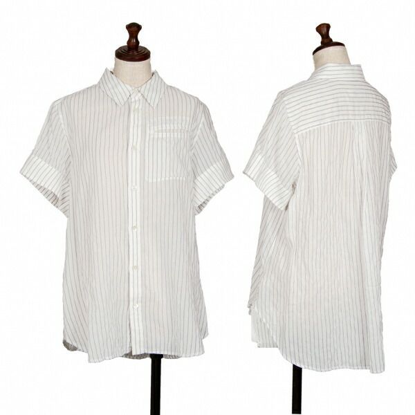 トップ ワイズY's コットンキュプラダブルストライプ半袖シャツ 白青1