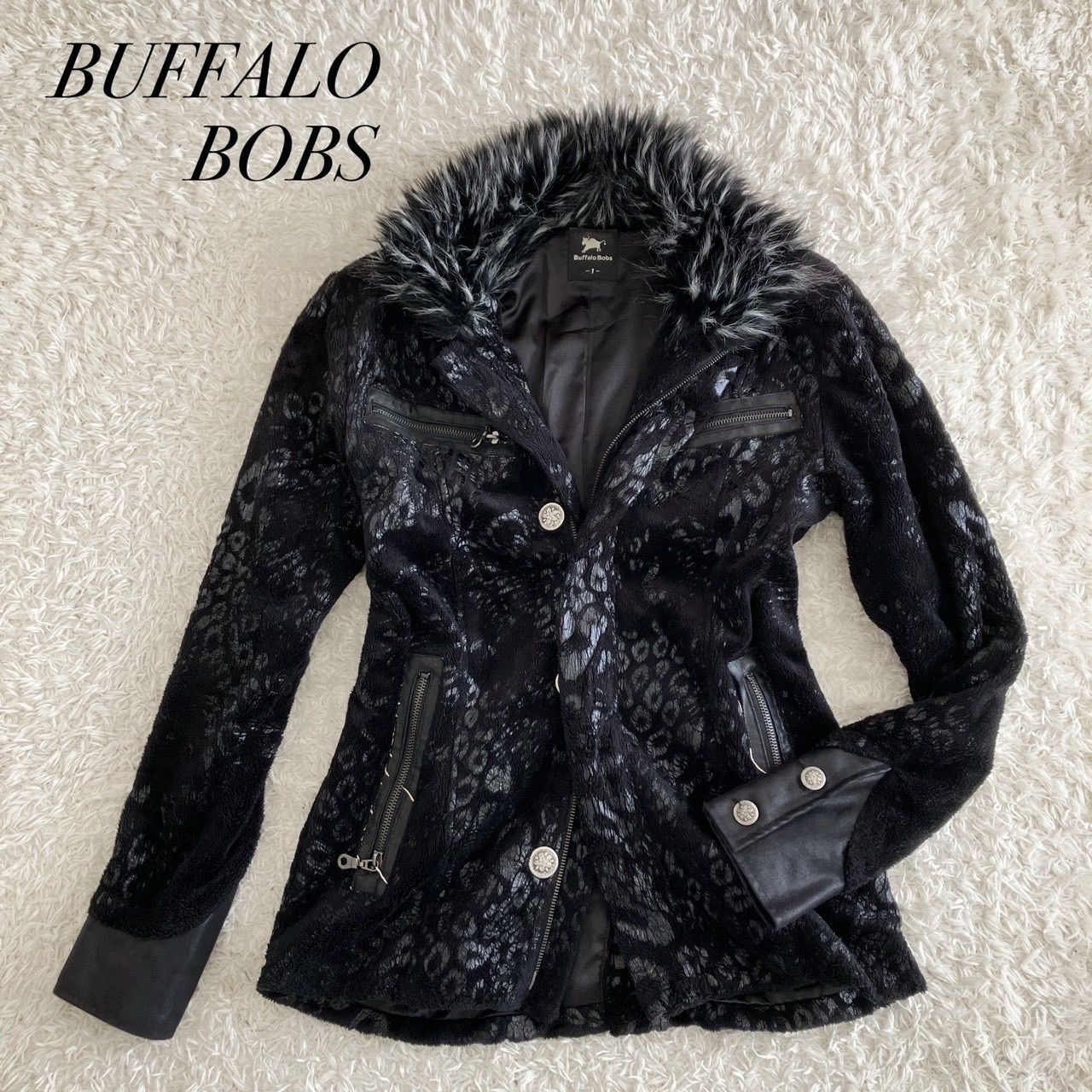 00s BUFFALO BOBS テーラードジャケット 光沢 黒　裏地ヒョウ柄 00s buffalo bobs バッファローボブズ 蛇柄 パイソン 銀ボタン