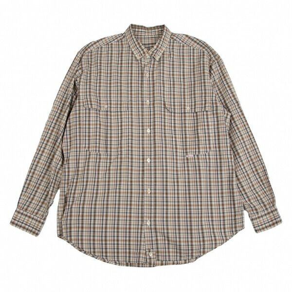 パパスPapas コットンリネン袖切替チェックボタンダウンシャツ オフ茶緑M