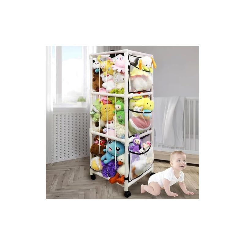 Ｗarayumi ぬいぐるみ 収納 ネット 動物園 おもちゃ整理 ホルダー 棚 車輪付き360°回転 ぬいぐるみオーガナイザーメッシュ 大容量 陳列ケース 陳列棚 抱き枕 おもちゃ DIY人形展示ボック おもちゃオーガナイザー