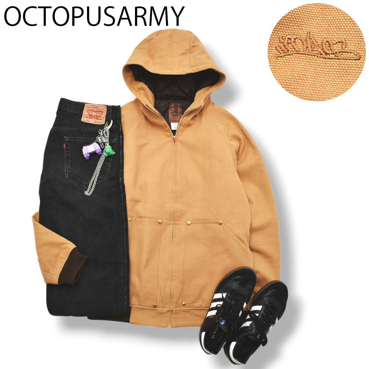 オクトパスアーミー OCTOPUSARMY アクティブ ジャケット ラグランスリーブ ダック地 パーカー ブルゾン XL キャメル メンズ 男性用 アメカジ ストレート カジュアル