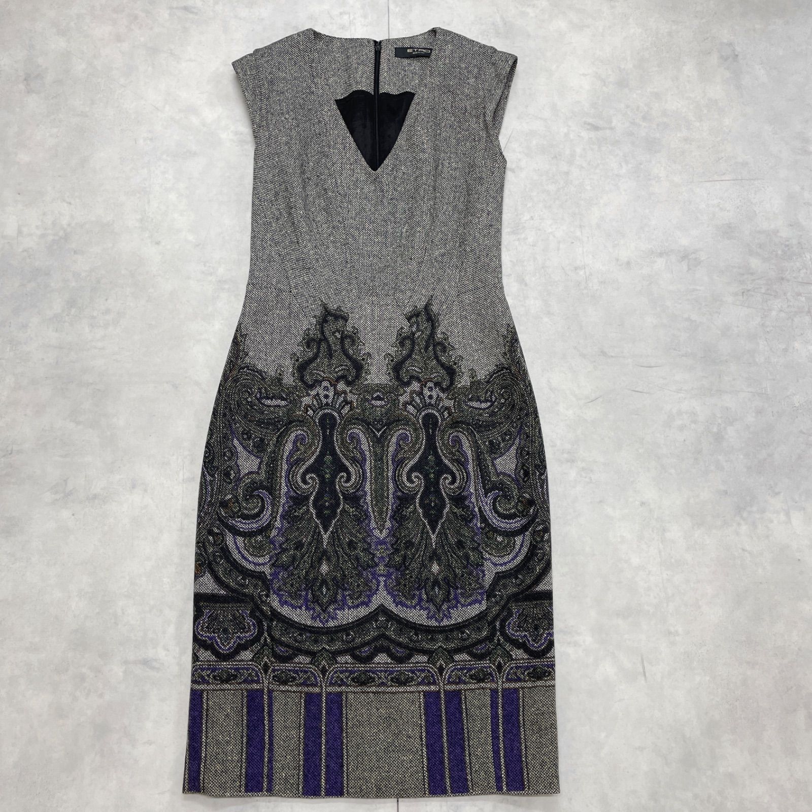 ETRO エトロ ワンピース ノースリーブ 総柄 ウール シルク グレー
