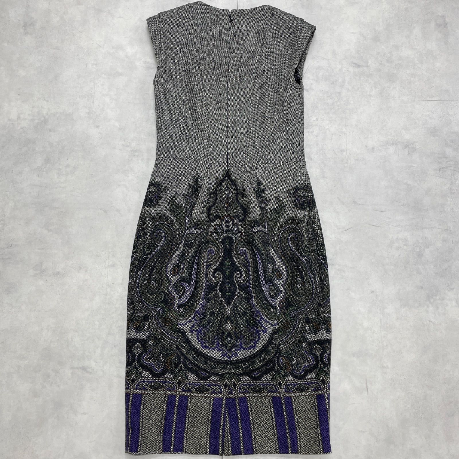 総柄 エトロ ワンピース ペイズリー ブラック ウール 40 イタリア製 ETRO エトロ ワンピース ノースリーブ 総柄 ウール シルク グレー