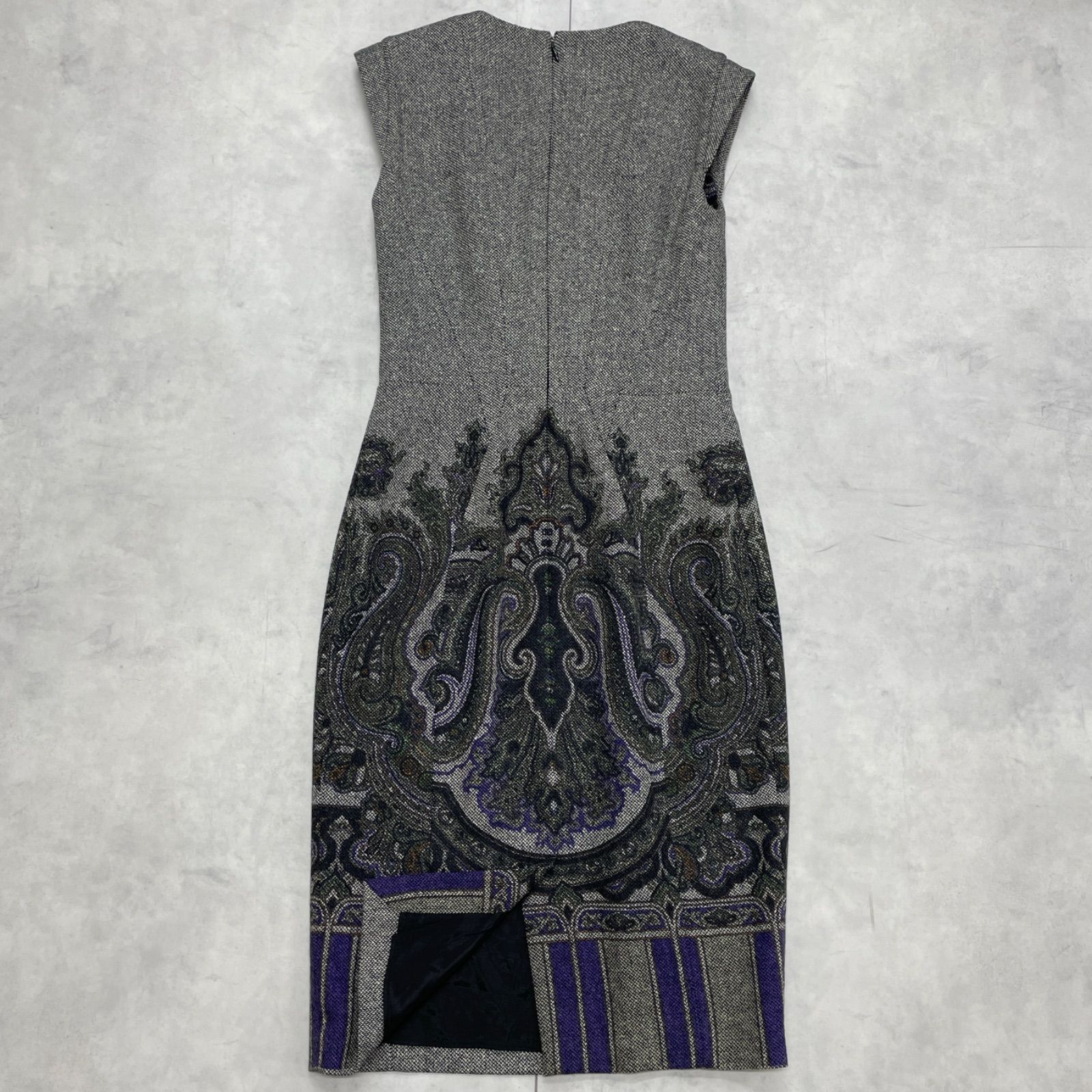 ETRO エトロ ワンピース ノースリーブ 総柄 ウール シルク グレー
