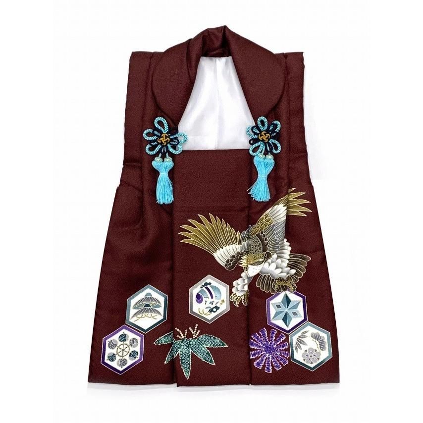 被布コート 七五三 3歳 男の子 ちりめん生地 絵羽柄の被布着 合繊 エンジ 鷹