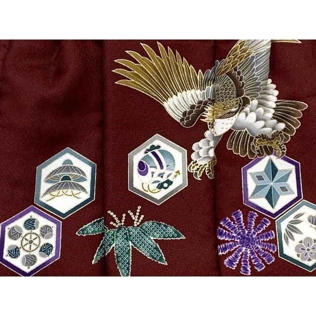  被布コート 七五三 3歳 男の子 ちりめん生地 絵羽柄の被布着 合繊 エンジ 鷹 着物 着物ドレス 着物 浴衣 和小物